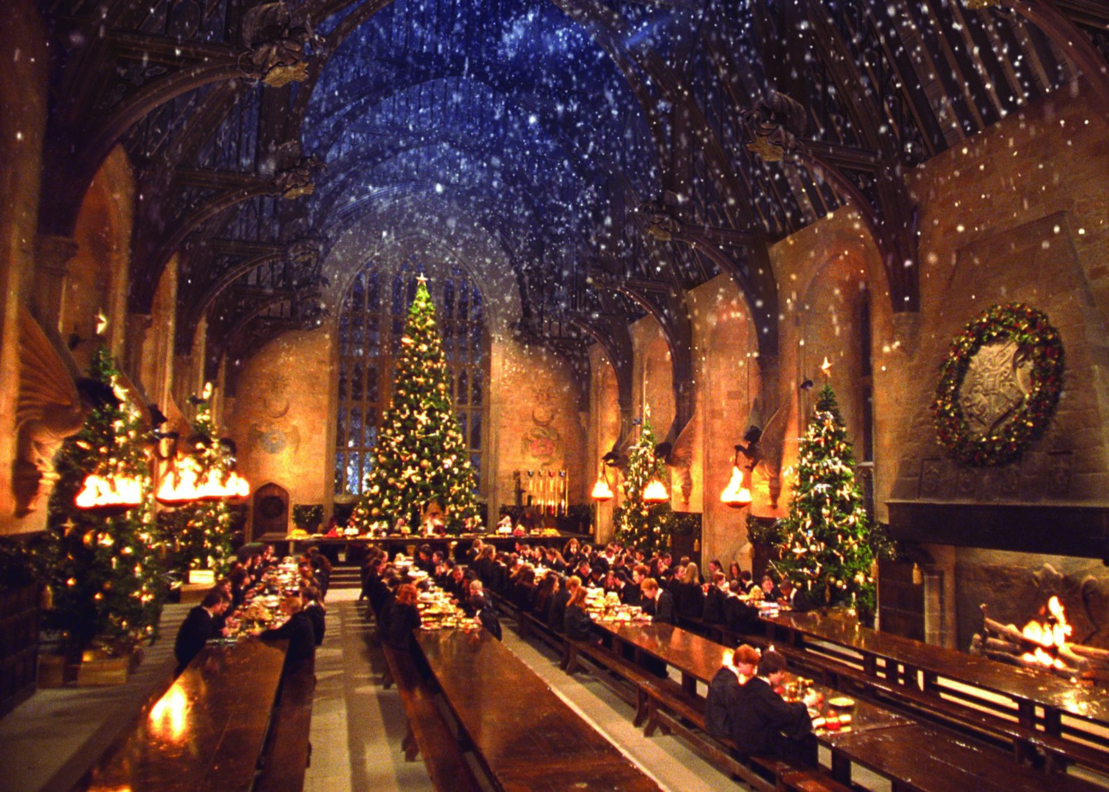 The hall set up for communal dinners